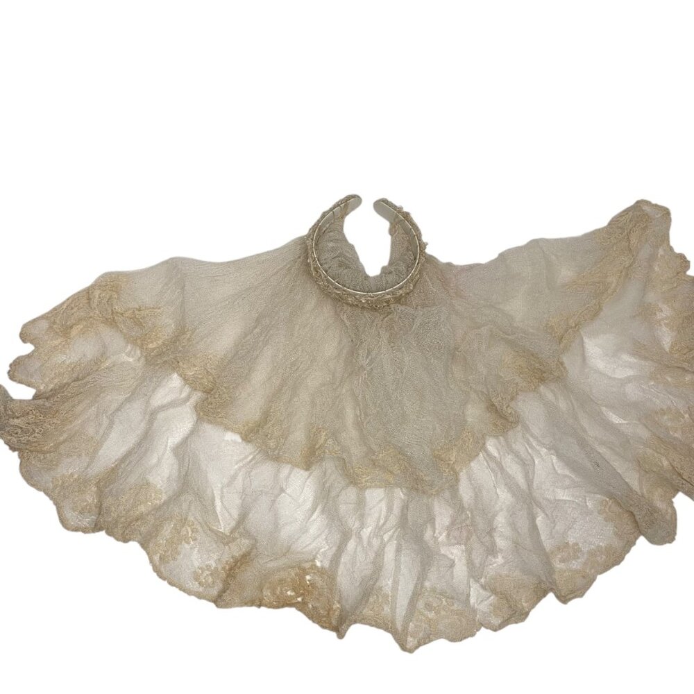 Antique Ivory Lace Christening Gauze‎ Veil Mantilla Floral Embroidery Beaded Cap